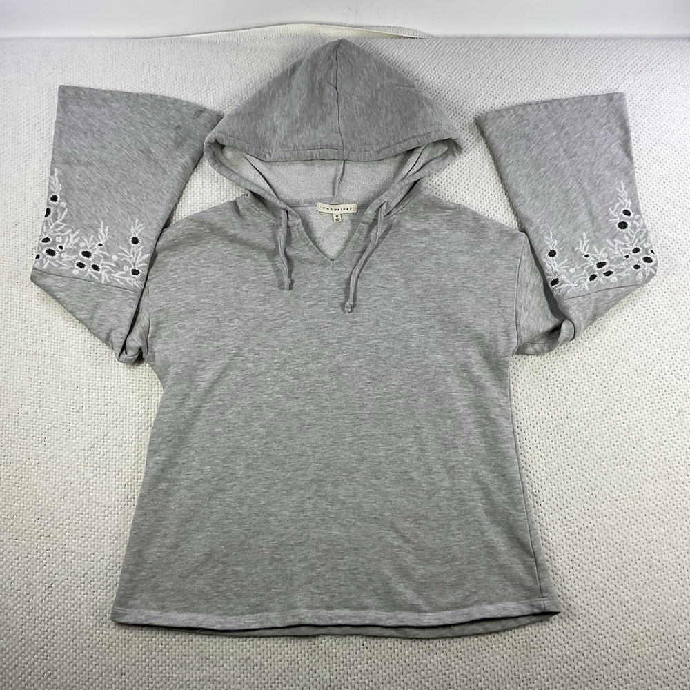 Retrology Women Hoodie Gray Cotton Blend Medium Boho Floral Bell Sleeve Pullover